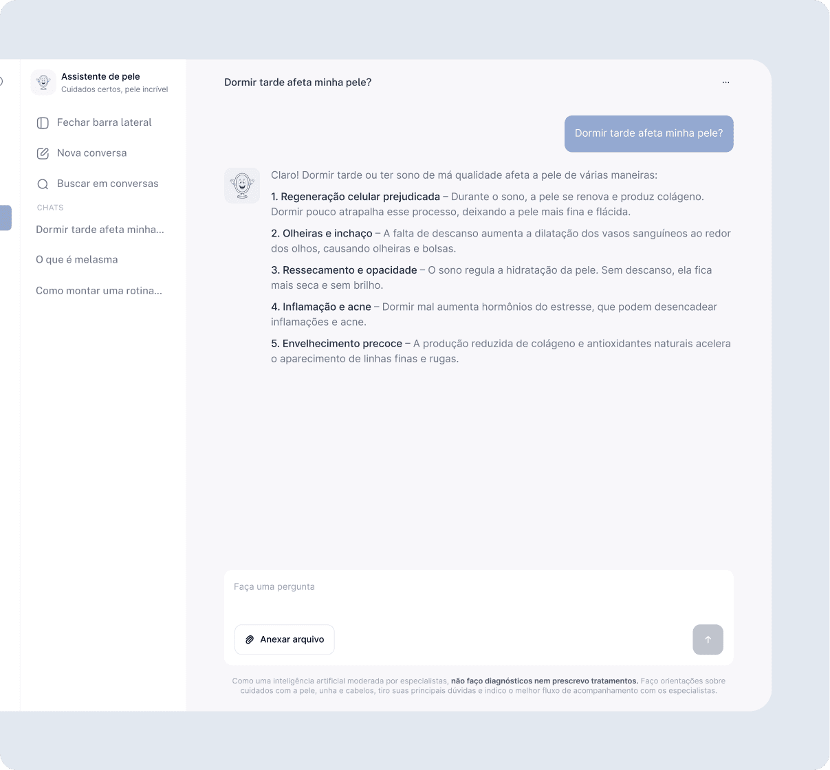 Conversa com o Assistente de Pele, agente de IA do aplicativo Ritos